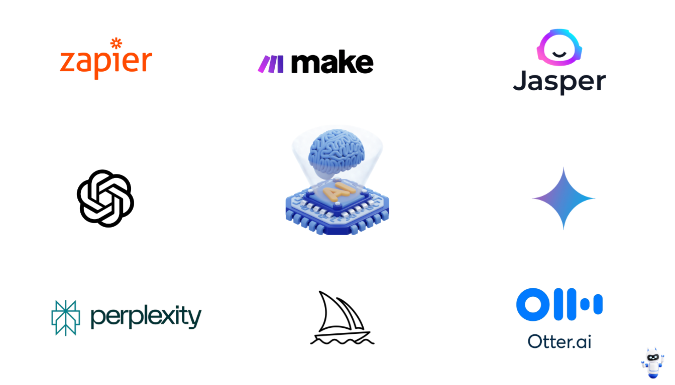 Graphic showing various AI icons connected by lines, representing automation and productivity