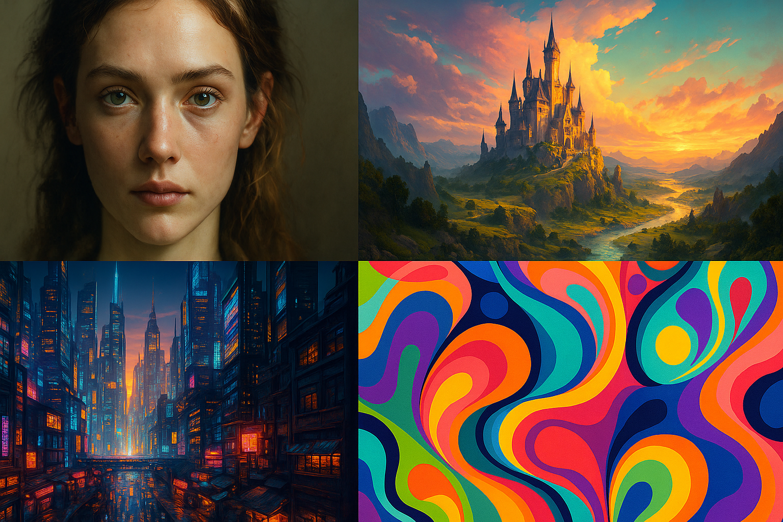 Collage of diverse Midjourney images (fantasy, realistic, abstract)